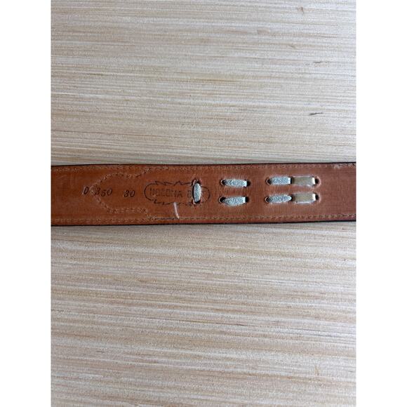 Nocona Belt Brown Leather 30 Stitching Lacing Tooled Western Brass Tone Buckle - Picture 6 of 9